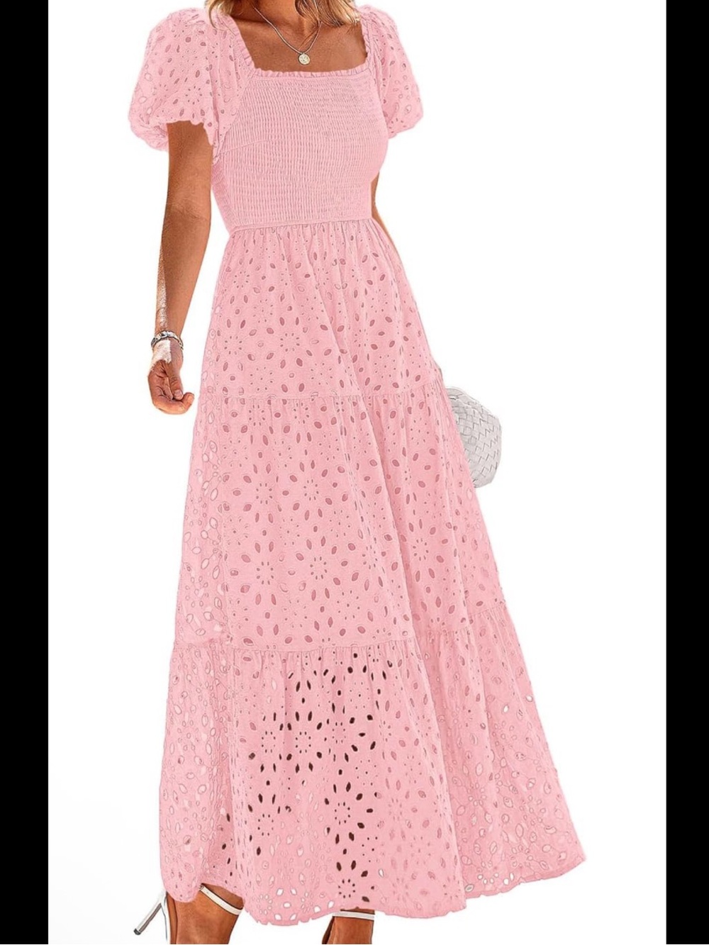 Pink Eyelet Maxi Dress with Smocked Bodice & Puff Sleeves- NWT - Size L